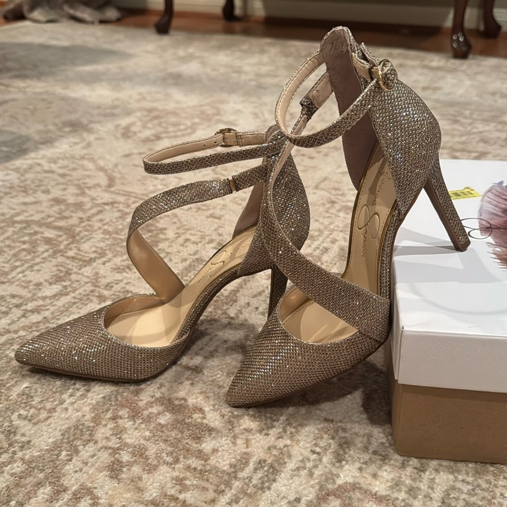 Jessica Simpson gold metallic ankle pumps.